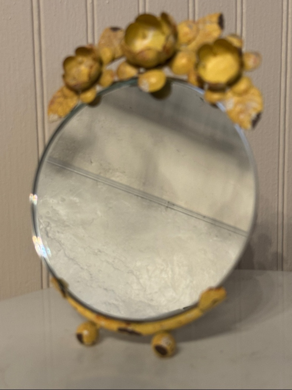 Vintage Vanity Floral Embellished Round Tabletop Mirror on Adjustable Stand